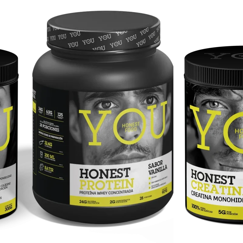 Los tres envases de YOU: Honest Collagen, Honest Protein y Honest Creatine