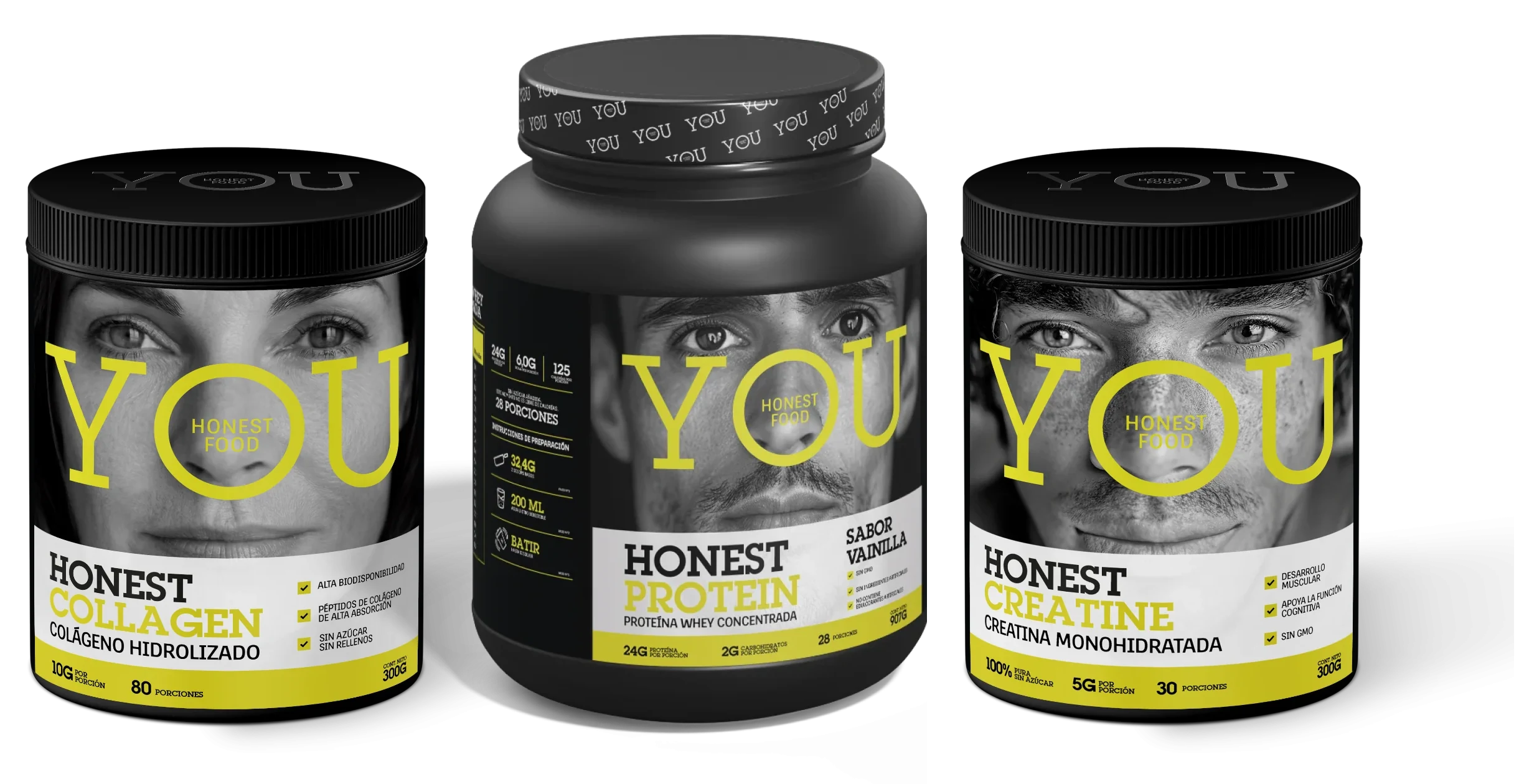 Los tres envases de YOU: Honest Collagen, Honest Protein y Honest Creatine